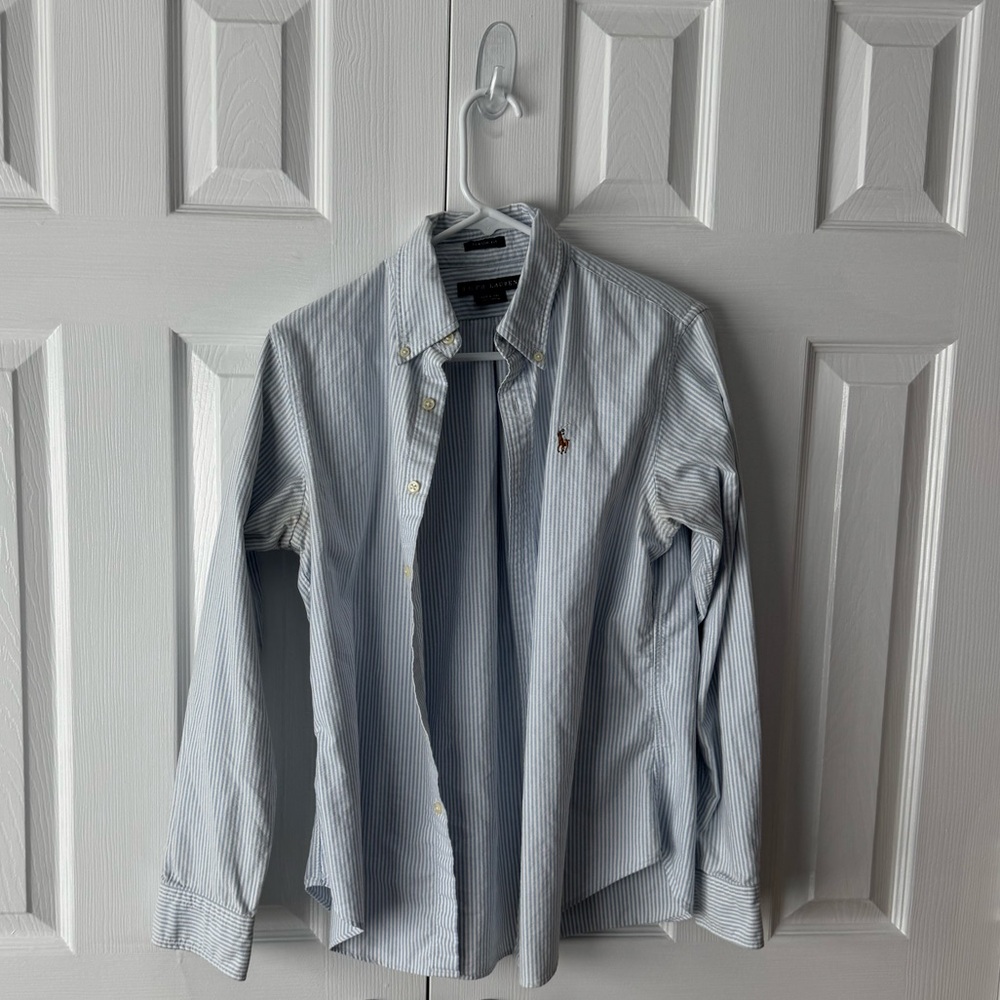 Ralph Lauren White & Blue Stripes Button Down Blouse Size 10 Classic Fit - Picture 2 of 6